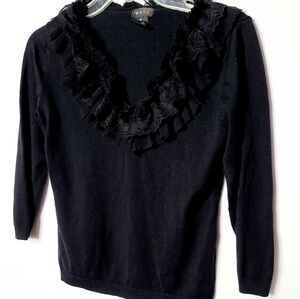 Anthropologie Evie ruffle lace lined vneck sweater